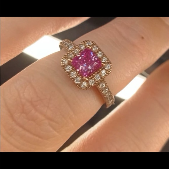 Pink Moissanite (Cush 8x8mm), White Moissanite Ring in Vermeil - Picture 2 of 2